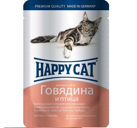Хэппи Кэт пауч 100гр - Соус - Говядина/Птица (Happy Cat)