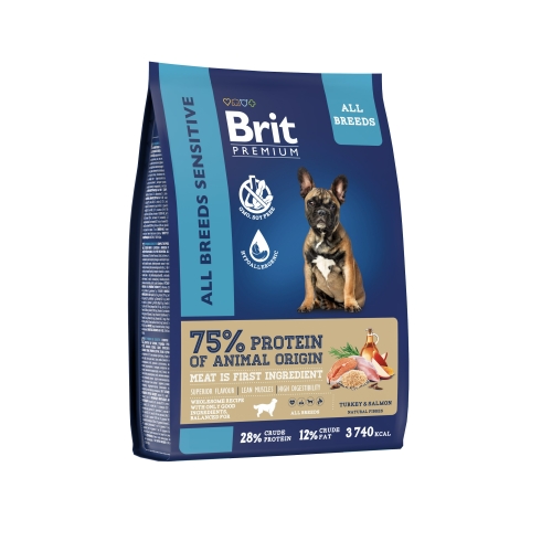 Брит 1кг для собак всех пород Лосось/Индейка - для Чувствительного пищеварения (Brit Premium by Nature)