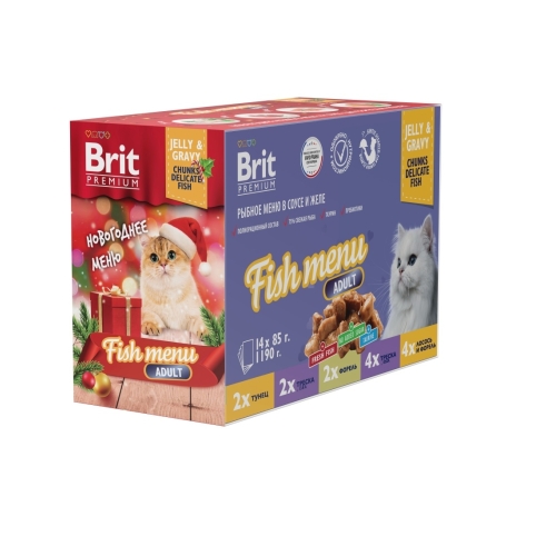 Брит Премиум пауч 85гр - Соус/Желе - Рыбное Меню 14шт (Brit Premium by Nature) + Подарок