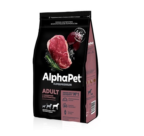 АльфаПет СуперПремиум 12кг - для Крупных Собак - Говядина/Потрошки (Alpha Pet SuperPremium)