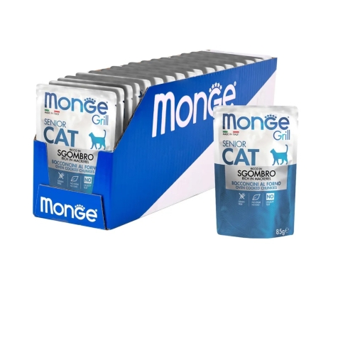 Монж пауч 85гр - Cat Grill - Макрель Эквадорская - кусочки в Желе - для Кошек Пожилых (Monge) 1кор = 28шт