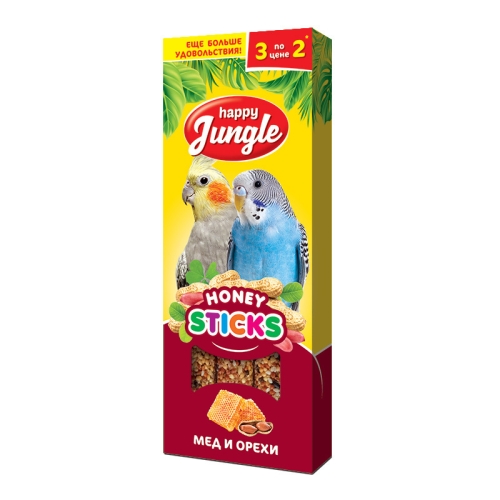 Джунгли палочки для птиц 3шт (90гр) - Мёд и Орехи (Happy Jungle)