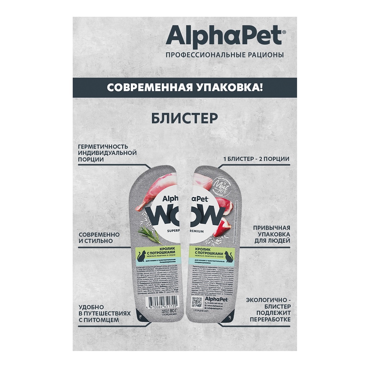 АльфаПет WOW 80гр - Соус - Кролик/Потрошки, для кошек с Чувствительным пищеварением (Alpha Pet WOW)