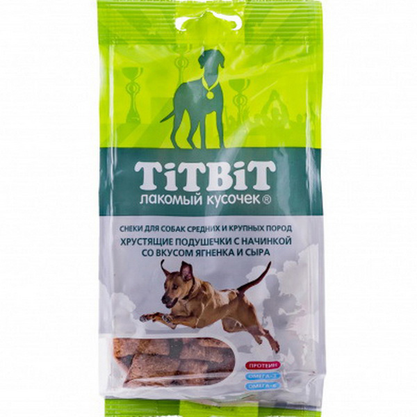 Хрустящие подушечки 95гр - Ягненок и Сыр - для собак Крупных и Средних (TitBit)