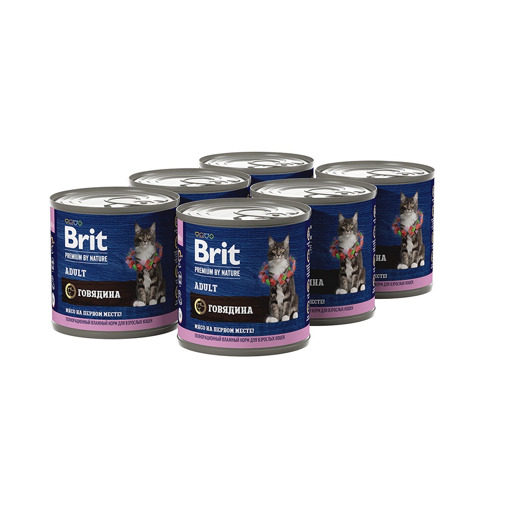 Брит 200гр - Говядина - консервы для взрослых кошек (Brit Premium by Nature) 1кор = 6шт