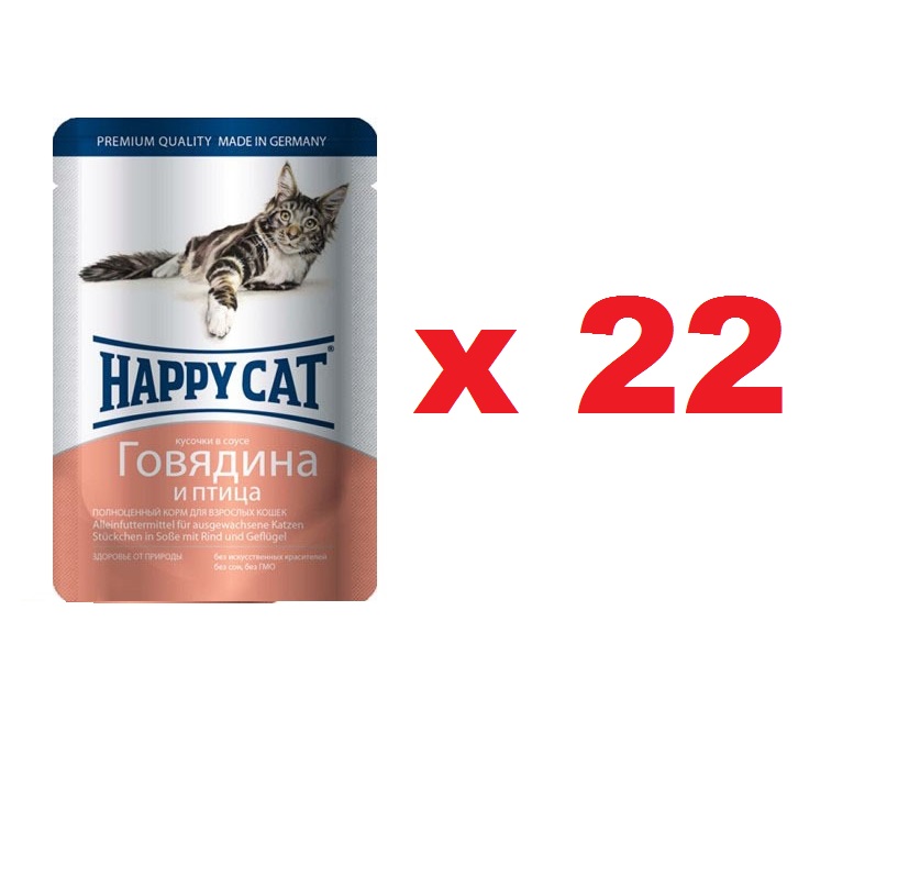 Хэппи Кэт пауч 100гр - Соус - Говядина/Птица (Happy Cat)  1кор = 22шт