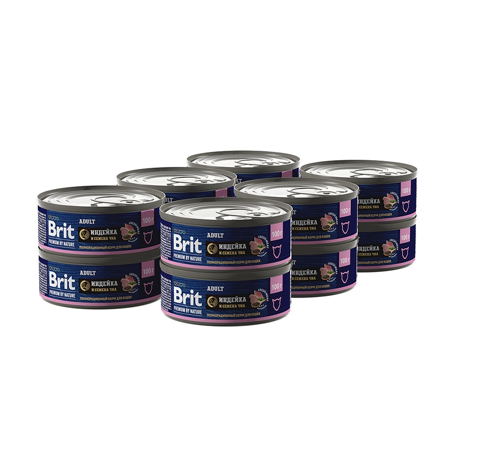 Брит 100гр - Индейка/Семена Чиа - консервы для взрослых кошек (Brit Premium by Nature) 1кор = 12шт