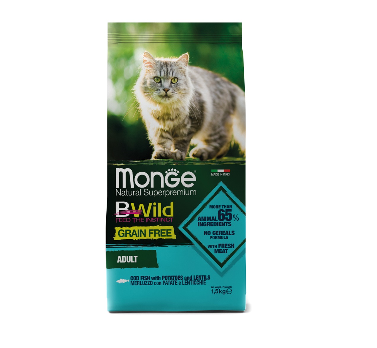 Монж 1,5кг - BWild - Треска, БЕЗзерновой корм для кошек (Monge BWild Grain Free)