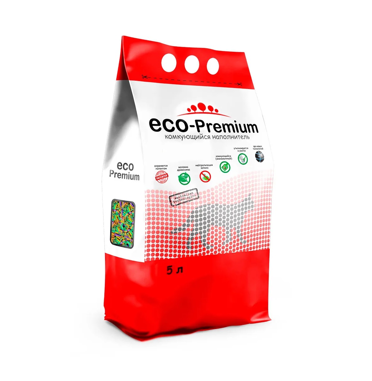 Эко-Премиум 5л (1,9кг) - Тутти-Фрутти, комкующийся древесный наполнитель (ECO Premium)