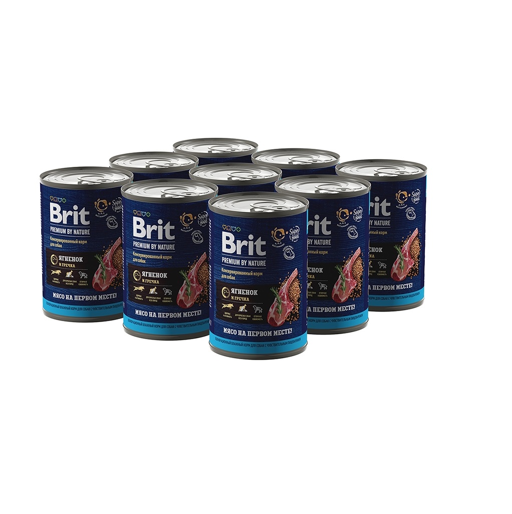 Брит 410гр - Сенситив - Ягненок/Гречка - консервы для собак с Чувствительным пищеварением (Brit Premium by Nature) 1кор = 9шт