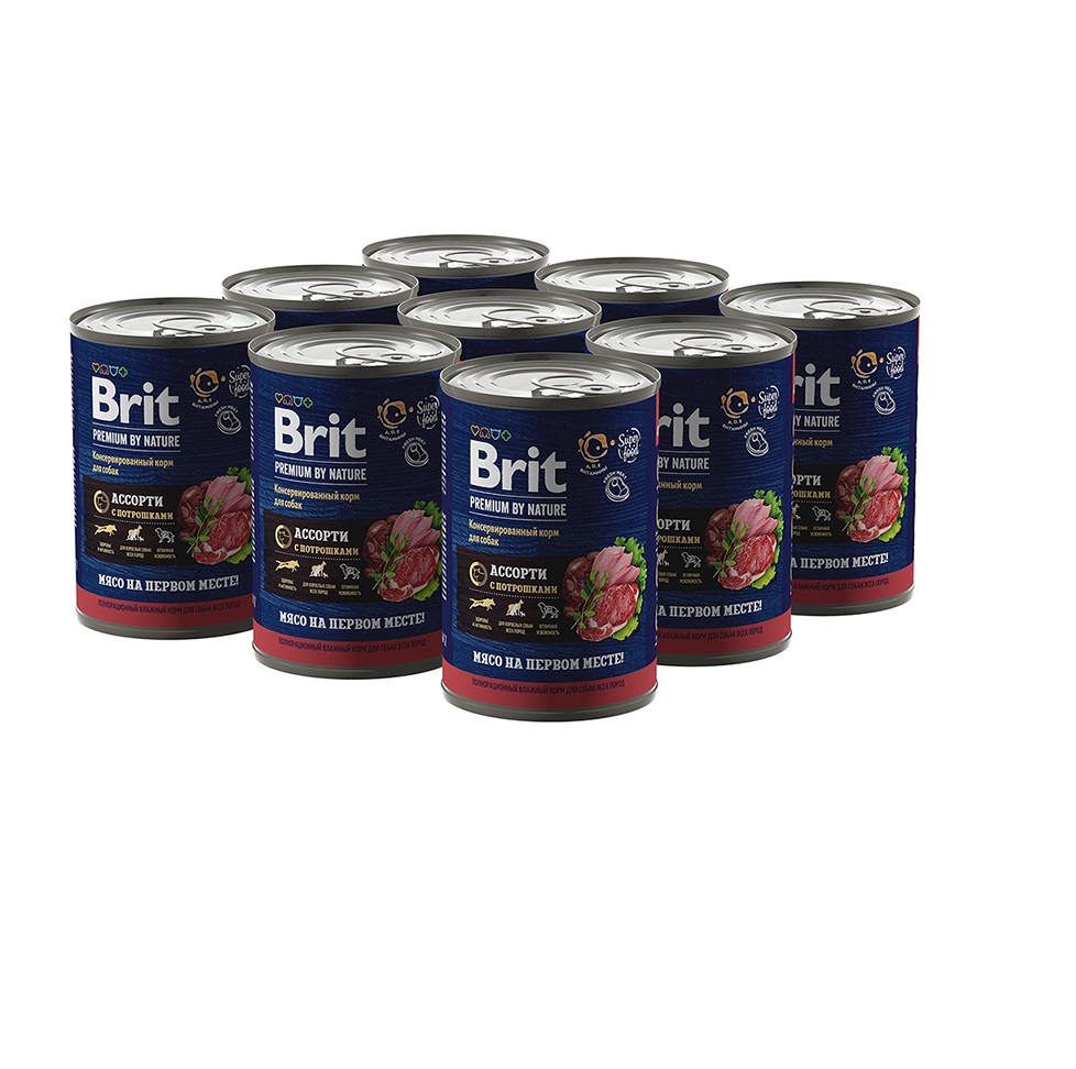 Брит 410гр - Мясное Ассорти с Потрошками - консервы для взрослых Собак (Brit Premium by Nature) 1кор = 9шт