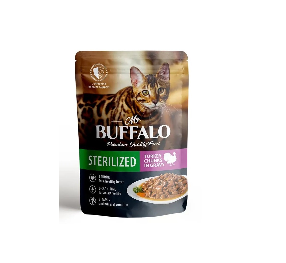 Мистер Буффало пауч 85гр - Индейка Стерилизед - для кошек кусочки в Соусе (Mr.Buffalo)