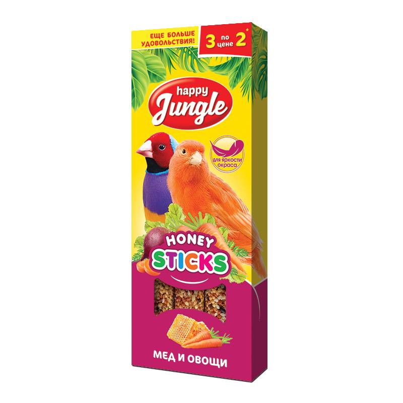 Джунгли палочки для птиц 3шт (90гр) - Мёд и Овощи (Happy Jungle)