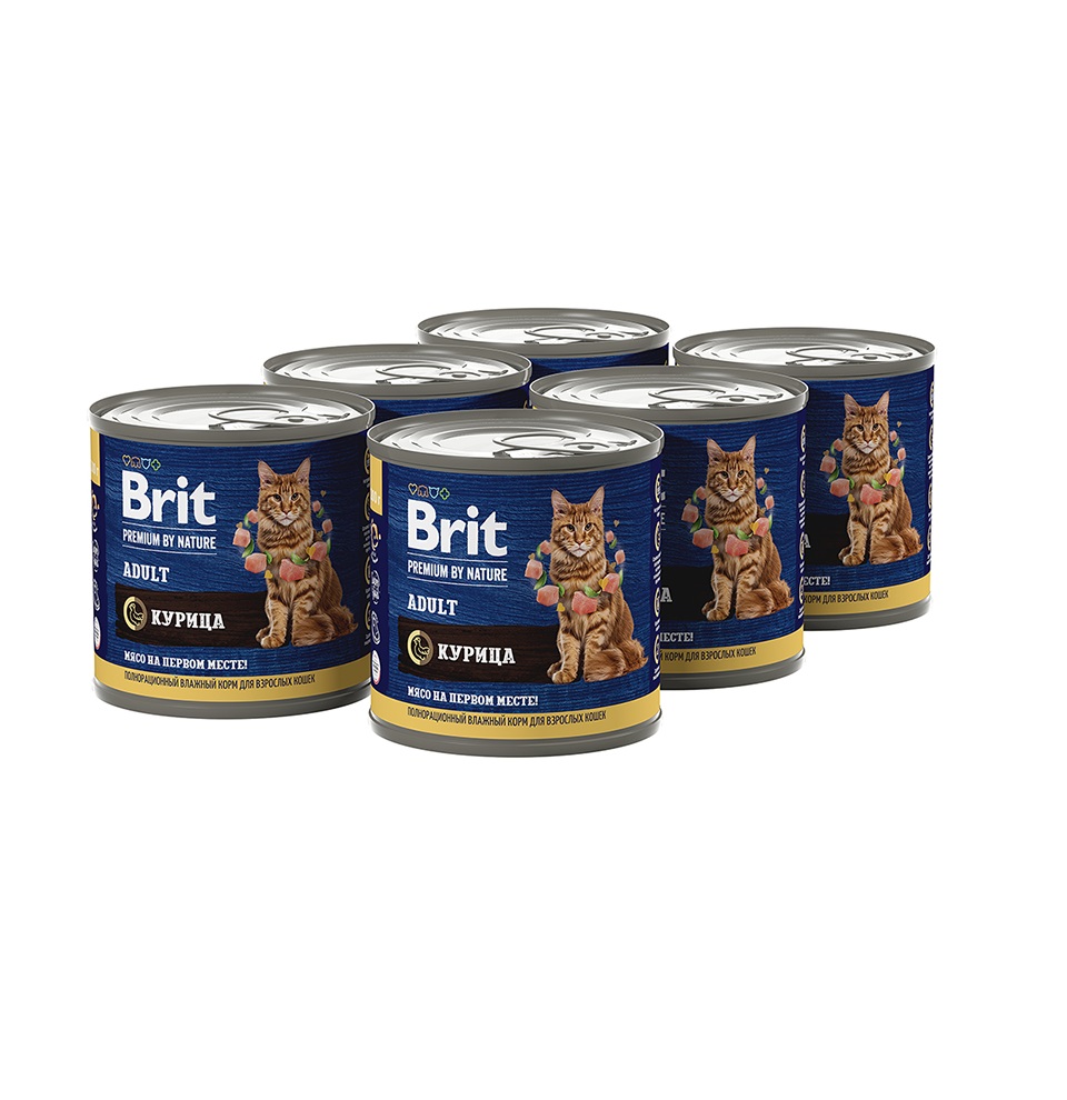 Брит 200гр - Курица - консервы для взрослых кошек (Brit Premium by Nature) 1кор = 6шт
