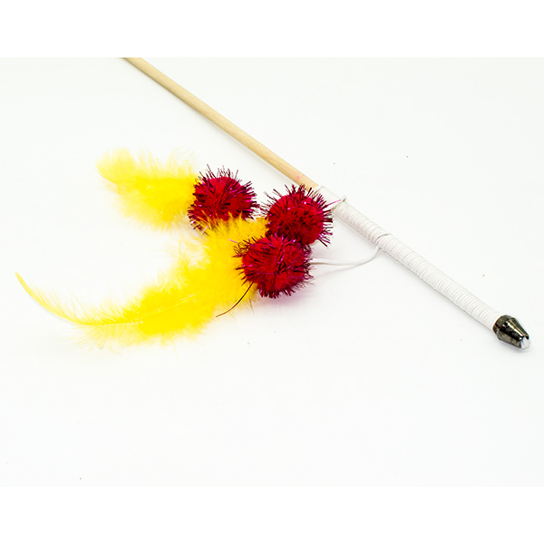 Дразнилка-удочка Салют из перьев с шариками 50см деревянная палочка (Кот Лукас)