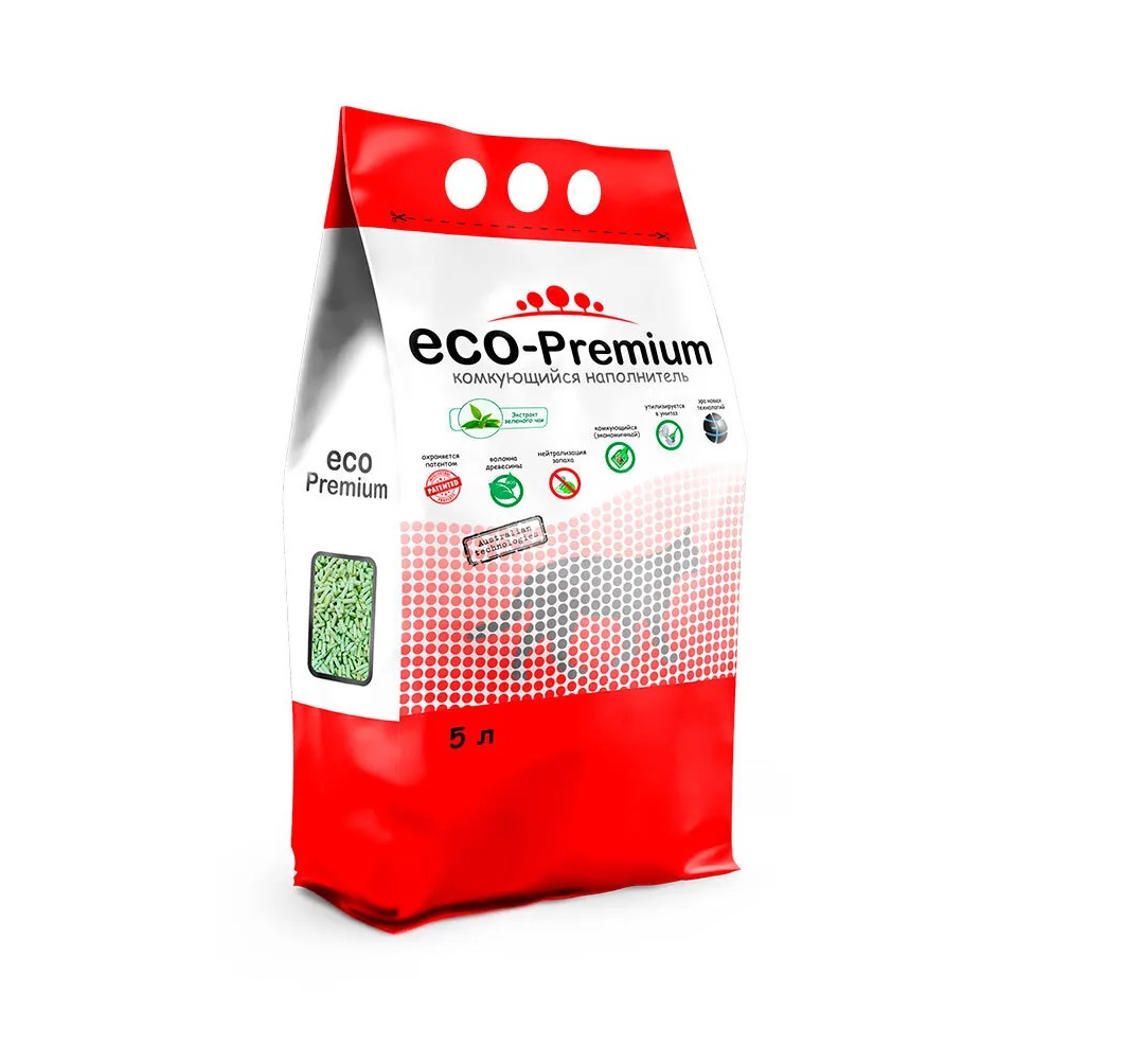 Эко-Премиум 5л (1,9кг) - Зеленый чай, комкующийся древесный наполнитель (ECO Premium)