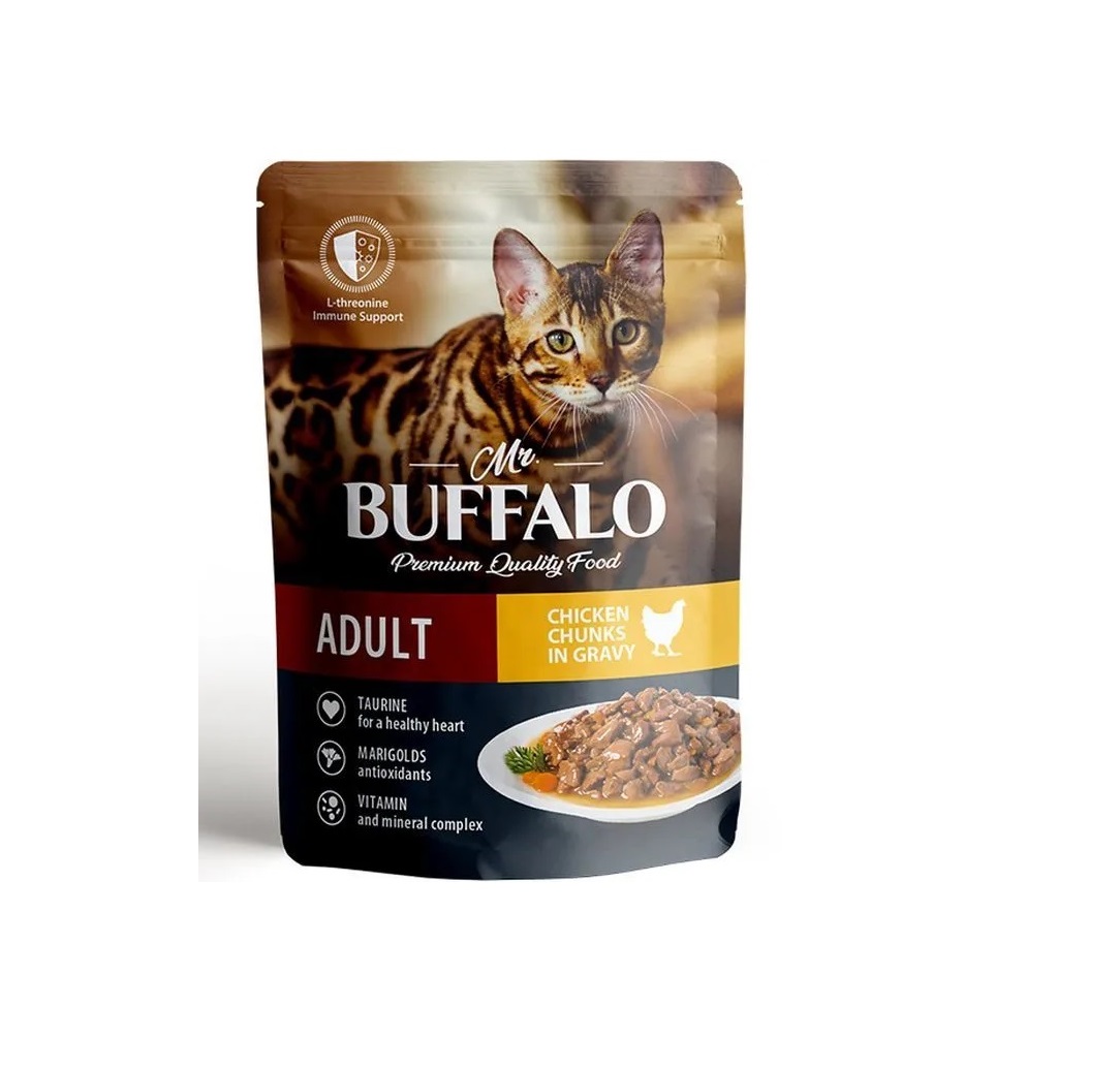 Мистер Буффало пауч 85гр - Цыпленок Эдалт - для кошек кусочки в Соусе (Mr.Buffalo)