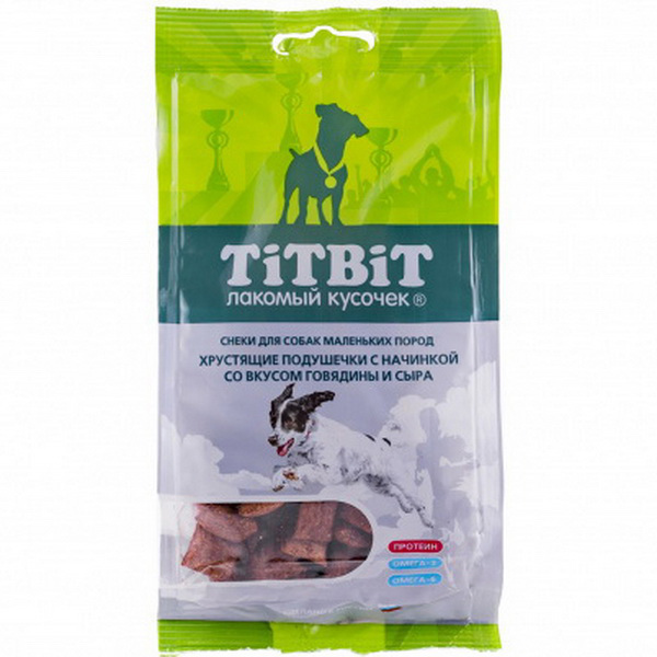 Хрустящие подушечки 95гр - Говядина и Сыр - для собак Мелких (TitBit)