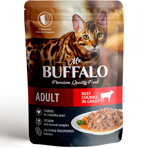 Мистер Буффало пауч 85гр - Говядина Эдалт - для кошек кусочки в Соусе (Mr.Buffalo)