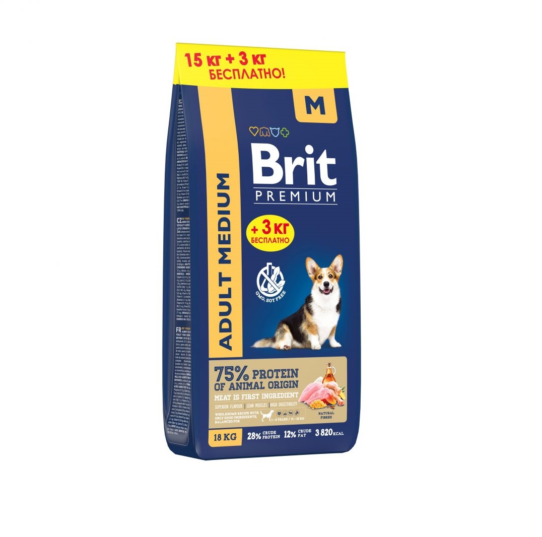 Брит 15кг + 3кг для собак Средних пород Курица (Brit Premium by Nature)